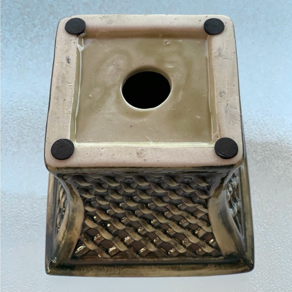 Brown Porcelain Ceramic Basket Pattern Square Pillar Candleholder ~ 4-1/2” - Picture 10 of 11